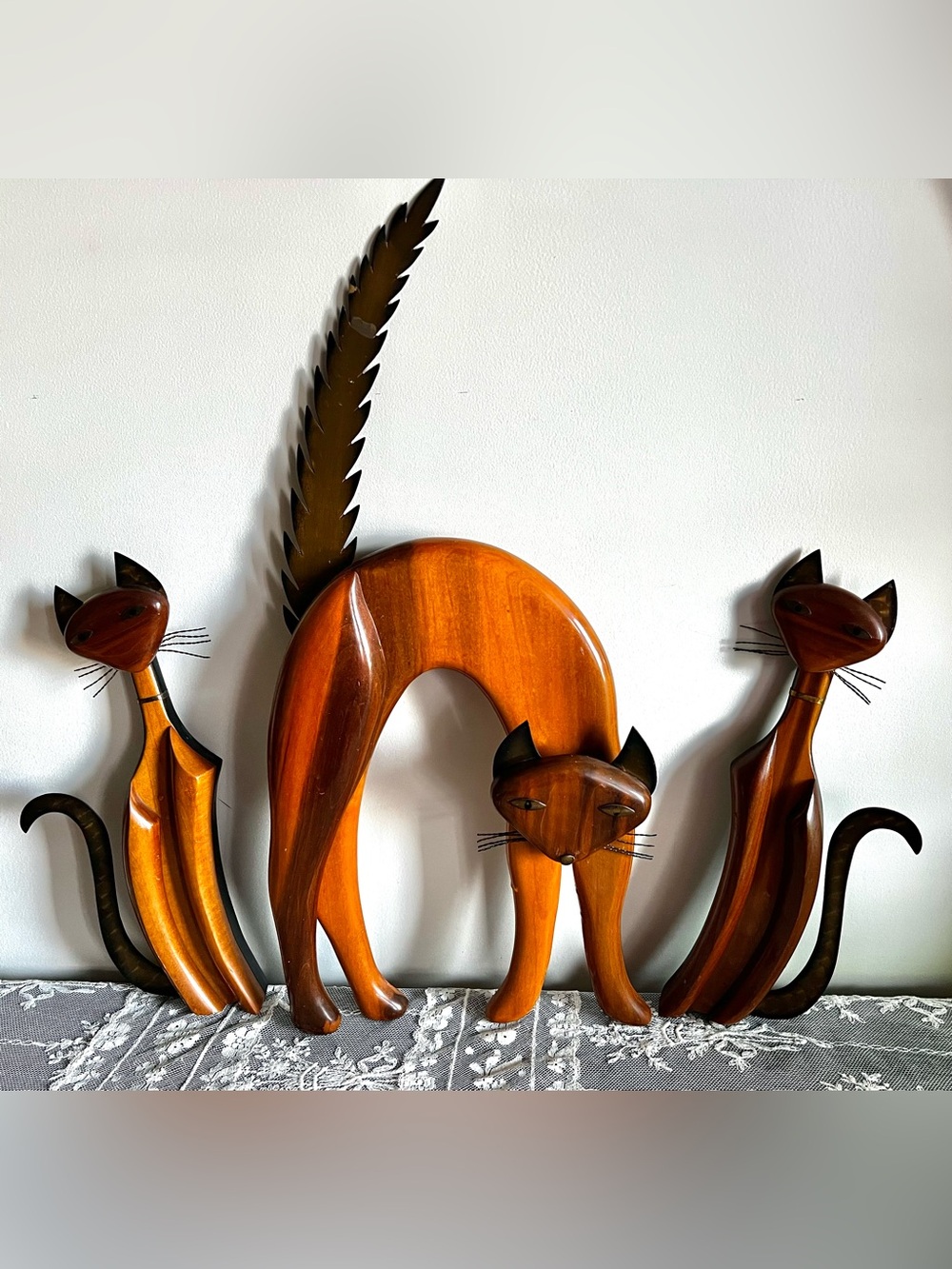 Vintage 1960s Masketeers Wooden Siamese Cat Retro Wall Art Trio Teakwood & Brass